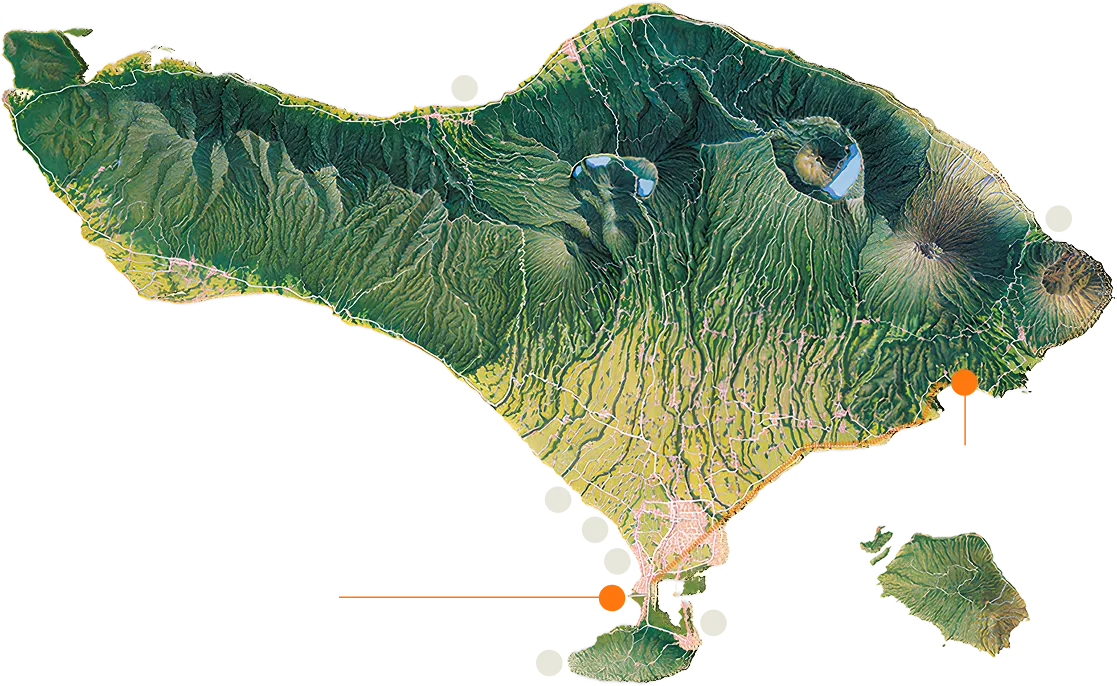 Map of Bali showing the 62 km route from Ngurah Rai airport east to The Seed at Candidasa